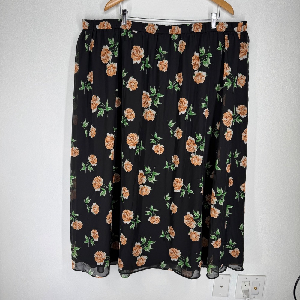 Womens Dark Floral Chiffon Midi Skirt Elastic Waist Plus 3x Pull On Cottagecore